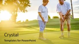  Presentation with active lifestyle - Presentation theme having lifestyle elderly couple playing golf background and a yellow colored foreground