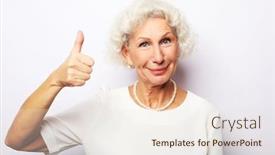 Presentation with elderly people arts and crafts - Slide set having lifestyle emotion and people concept elderly happy woman giving a thumb up and looking at the camera background and a sky blue colored foreground