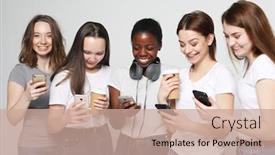  Presentation with tehnology - Audience pleasing slide deck consisting of lifestyle-friendship-tehnology-and-people backdrop and a coral colored foreground