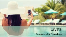  Presentation with summer sun - Colorful slide deck enhanced with lifestyle leisure summer technology and people concept - smiling young woman or teenage girl in sun hat taking selfie with smartphone over beach and swimming pool background backdrop and a mint green colored foreground
