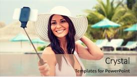 Presentation with summer sun - Presentation design consisting of lifestyle leisure summer technology and people concept - smiling young woman or teenage girl in sun hat taking picture with smartphone on selfie stick over beach and swimming pool background background and a coral colored foreground