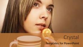 Presentation with cookies - Audience pleasing slide set consisting of lifestyle people and food concept young woman with coffee and cookies close up backdrop and a gold colored foreground
