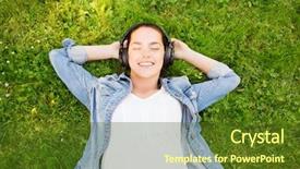  Presentation with music headphones - Beautiful presentation theme featuring lifestyle summer vacation technology music and people concept - smiling young girl in headphones lying with closed eyes on grass backdrop and a tawny brown colored foreground