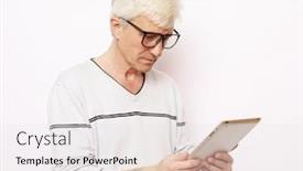  Presentation with tehnology - Cool new slide deck with lifestyle tehnology and people concept happy senior man using digital tablet studio shoot over white background backdrop and a white colored foreground