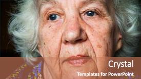  Presentation with elderly - Presentation enhanced with lifestyles health psychology - pensive elderly gray-haired woman face background and a coral colored foreground