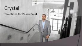  Presentation with success business - Beautiful slide deck featuring lift concept - businessman walking upstairs backdrop and a light gray colored foreground