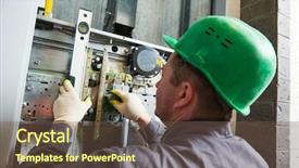  Presentation with shaft - Colorful PPT theme enhanced with lift machinist repairing elevator backdrop and a tawny brown colored foreground