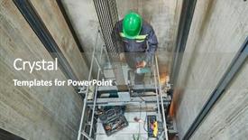  Presentation with elevator - Cool new PPT theme with lift machinist repairing elevator backdrop and a gray colored foreground