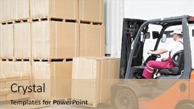  Presentation with loading - Slide set consisting of lift truck - warehouse worker driver in uniform background and a coral colored foreground