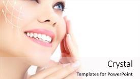  Presentation with clean - PPT theme enhanced with lifting arrow - young happy female with clean background and a sky blue colored foreground