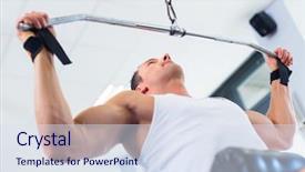  Presentation with bodybuilding - PPT theme enhanced with lifting dumbbells in fitness club background and a sky blue colored foreground