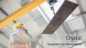  Presentation with sheet industry - Slide deck having lifting sheet metal in industry background and a light gray colored foreground