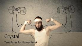  Presentation with weight lifting - PPT theme featuring lifting weight with big muscle background and a  colored foreground