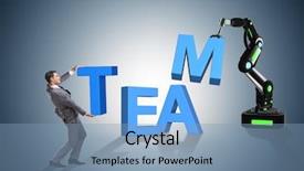  Presentation with robotic arm - Beautiful presentation theme featuring lifting word - man and robotic arm backdrop and a teal colored foreground