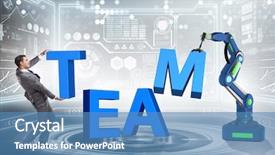  Presentation with robotic arm - Amazing PPT theme having lifting word - man and robotic arm backdrop and a teal colored foreground