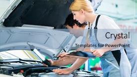  Presentation with female mechanic - PPT layouts with light and checklist in workshop background and a light blue colored foreground