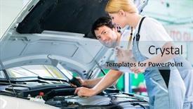  Presentation with female mechanic - PPT theme consisting of light and checklist in workshop background and a  colored foreground