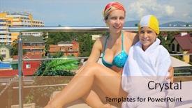  Presentation with swim fundraiser - Colorful slide deck enhanced with light blu - mother and daughter sunbathe backdrop and a  colored foreground