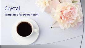  Presentation with coffee cup - Beautiful theme featuring light blue wooden table backdrop and a sky blue colored foreground