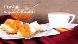  Presentation with tea cup - Amazing theme having light breakfast with cup of tea and homemade jam on wooden table backdrop and a coral colored foreground