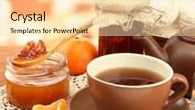  Presentation with jam - Audience pleasing slides consisting of light breakfast with tea and homemade jam on wooden table backdrop and a lemonade colored foreground