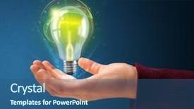  Presentation with trophy award hand holding - Amazing presentation theme having light bulb idea invention presenter - woman holding a glowing lightbulb backdrop and a ocean colored foreground