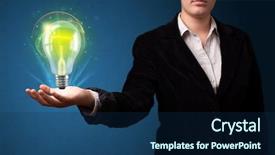  Presentation with light bulb idea invention presenter - Presentation consisting of light bulb idea invention presenter - young businesswoman holding glowing lightbulb background and a navy blue colored foreground