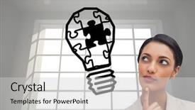  Presentation with wrong thinking - Slide deck enhanced with light bulb puzzle - composite image of smiling businesswoman background and a light gray colored foreground