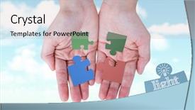  Presentation with sky blue - Beautiful presentation theme featuring light bulb puzzle - hands showing against blue sky backdrop and a soft green colored foreground