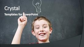 Presentation with idea - Colorful slide set enhanced with light bulbs blackboard - smiling boy with an idea backdrop and a dark gray colored foreground