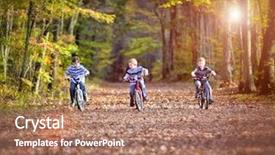  Presentation with cycling - Colorful PPT theme enhanced with light children - three boys cycling backdrop and a coral colored foreground