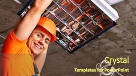  Presentation with builder - Amazing slide deck having light orange - man in builder uniform installing backdrop and a  colored foreground