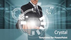  Presentation with data center - Colorful slide set enhanced with light panel - businessman touching futuristic circle interface backdrop and a teal colored foreground