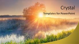  Presentation with tree river - PPT theme enhanced with light rays - fantastic foggy river with fresh background and a coral colored foreground