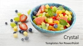  Presentation with fresh fruit retailer - PPT layouts with light scattering - bowl of fresh fruit salad background and a  colored foreground