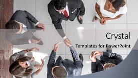  Presentation with shaking hands - Cool new presentation design with light shadow reflection - top view business partners shaking backdrop and a light gray colored foreground