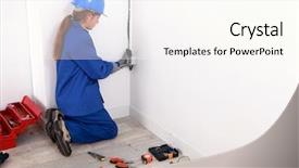  Presentation with electrician - Colorful PPT layouts enhanced with light switches sockets - female electrician fixing wall socket backdrop and a  colored foreground