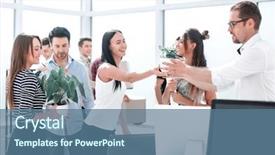  Presentation with new office - Audience pleasing slides consisting of light theams - happy business team in new backdrop and a ocean colored foreground