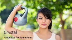  Presentation with weight lifting - PPT theme having light weight concrete - portrait of athletic woman lifting background and a coral colored foreground