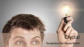  Presentation with light bulb graduation cap - Cool new presentation theme with lightbulb brain - funny young man with light backdrop and a coral colored foreground