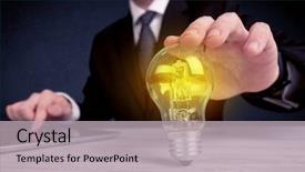  Presentation with glowing light bulb light bulb - Cool new slides with lightbulb shine - business man in suit holding backdrop and a light gray colored foreground