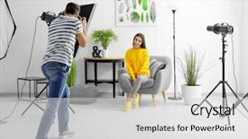  Presentation with professional audio studio - Presentation consisting of lighten - young beautiful model posing background and a light gray colored foreground