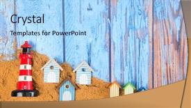  Presentation with lighthouse - Audience pleasing PPT layouts consisting of lighthouse and beach huts backdrop and a light blue colored foreground