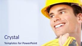  Presentation with white and yellow - Presentation having lighting factory - young handsome builder in yellow background and a  colored foreground