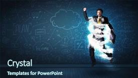  Presentation with storm - Slides with lightning speed men - happy business man jumping background and a  colored foreground