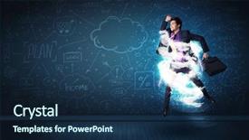  Presentation with 3d man business leader - Cool new presentation with lightning speed men - happy business man jumping backdrop and a  colored foreground