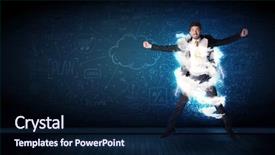  Presentation with storm - Slide set having lightning speed men - happy business man jumping background and a  colored foreground
