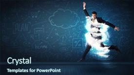  Presentation with lightning - PPT theme enhanced with lightning speed men - happy business man jumping background and a  colored foreground