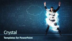  Presentation with business man climbs up to the top of 3d success stairs steps - Slide deck with lightning speed men - happy business man jumping background and a  colored foreground