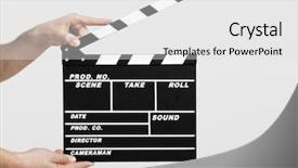  Presentation with clapboard - Slide deck featuring lights camera action - male hands holding a clapboard background and a white colored foreground